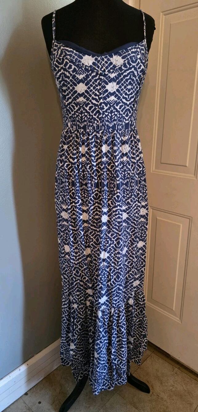 Betsy Johnson Womens Linen Dress Blue Maxi Spaghetti Straps Smocked Ruffled 12